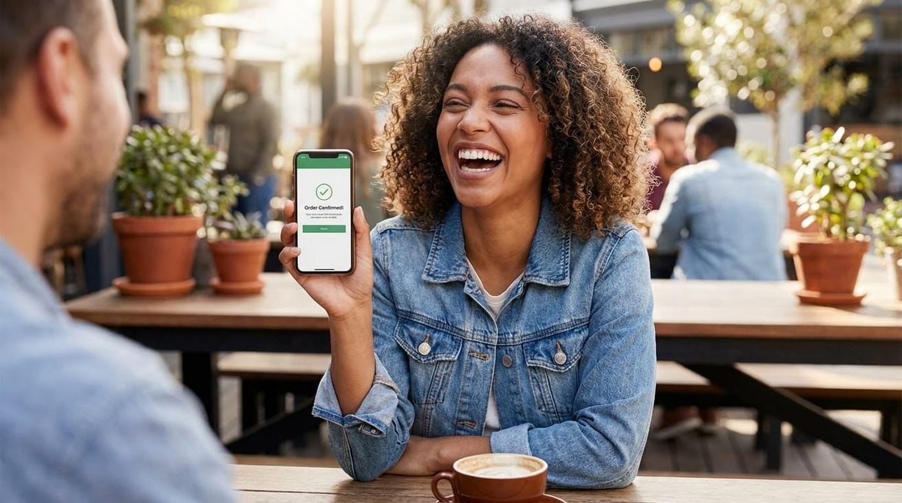 AI-generated image showing a professional technician arriving at a customer's location in Barcelona with a toolbox, using a mobile device, with a city background and a clear interface of Fixa App confirming the appointment.