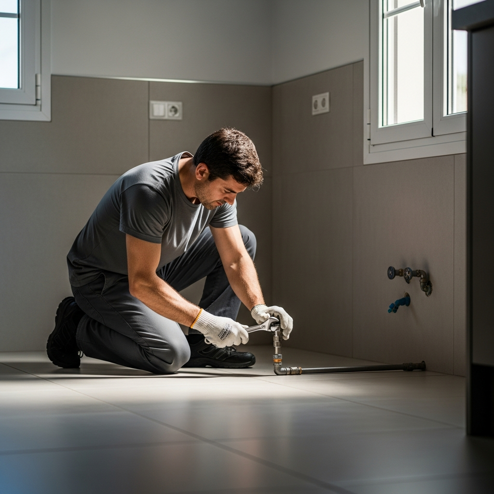 Imagen de un técnico reparando una tubería en una vivienda española
