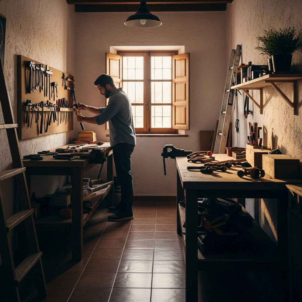 Imagen de un hombre colocando herramientas en un taller de bricolaje en una vivienda española