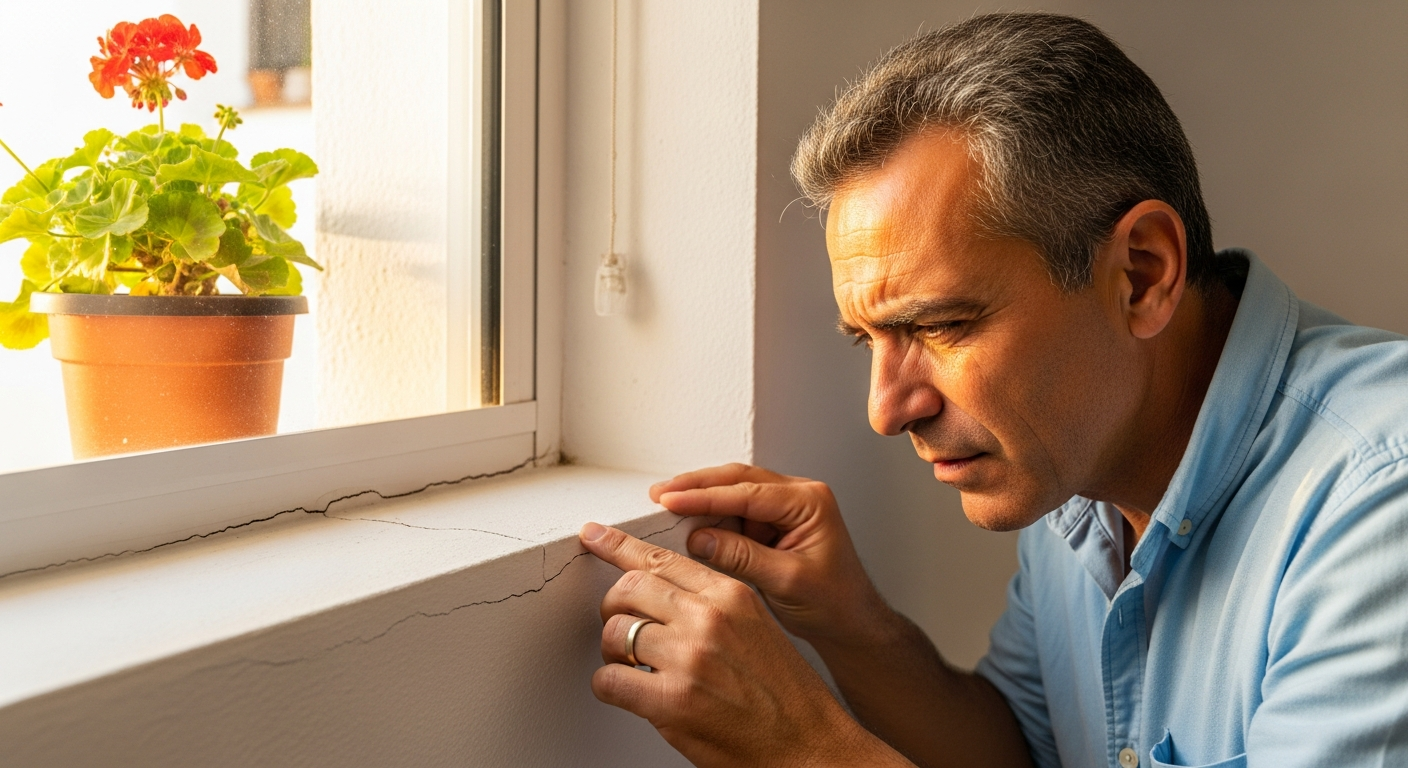 Photograph of a Spanish homeowner inspecting a window seal and small cracks in a traditional Andalusian house during early morning, with warm natural lighting, showing a focus on small details vital for home maintenance