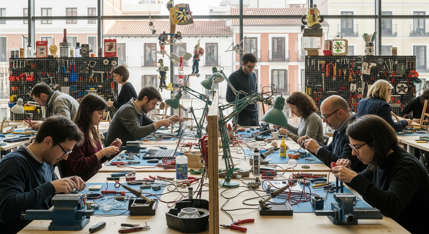 Photorealistic scene of a community repair workshop in a modern Madrid cultural center, with diverse people engaged in fixing electronics and furniture, surrounded by tools, DIY materials, and colorful recycled art installations, with sunny urban architecture in the background.