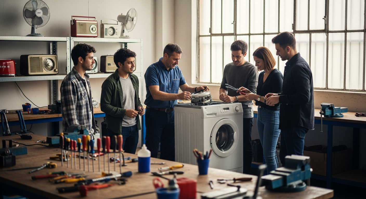 Interior of a lively workshop in Madrid with a professional technician guiding community members working on a vintage washing machine, in a spacious, well-lit space with colorful tools and repaired household items on display.
