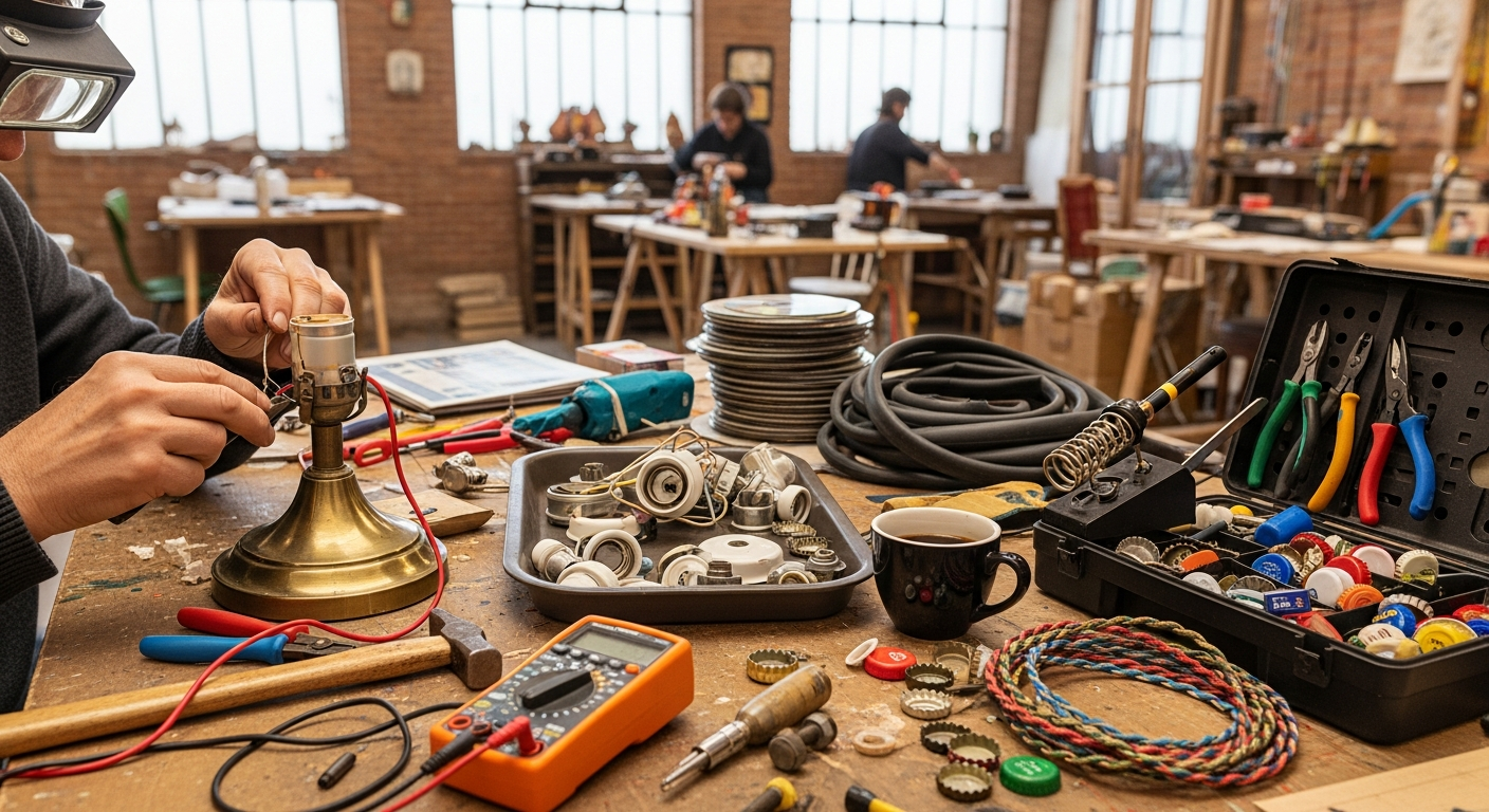 Close-up of hands repairing a vintage lamp in a community workshop in Madrid, surrounded by a variety of tools, wires, and recycled materials, with a background showing a bright, welcoming DIY space filled with old furniture and urban decor.
