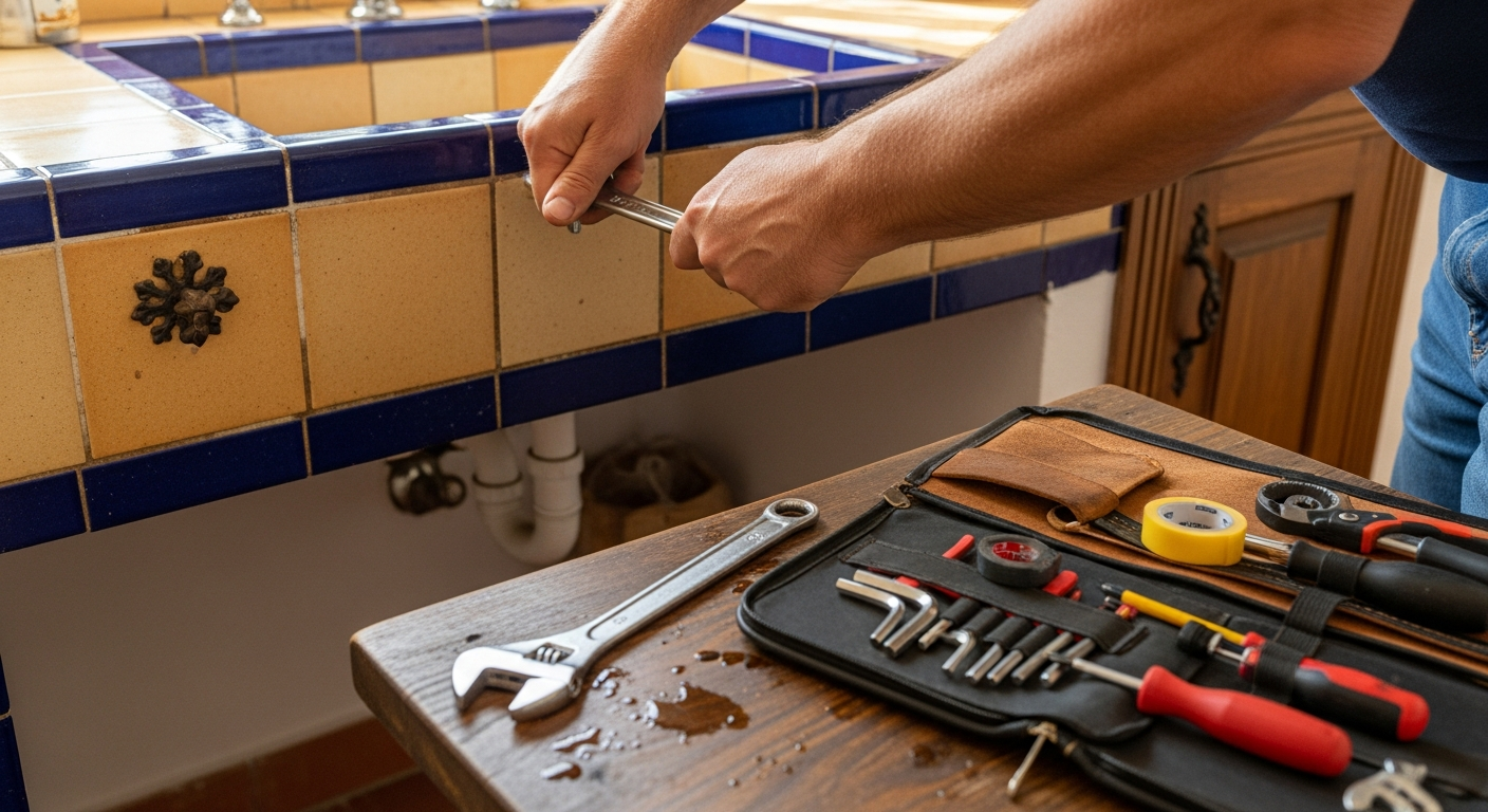 Close-up of a Spanish handyman tightening a faucet under a traditional tiled kitchen sink, with tools laid out on a rustic wooden table, illustrating routine preventive maintenance in a Spanish home