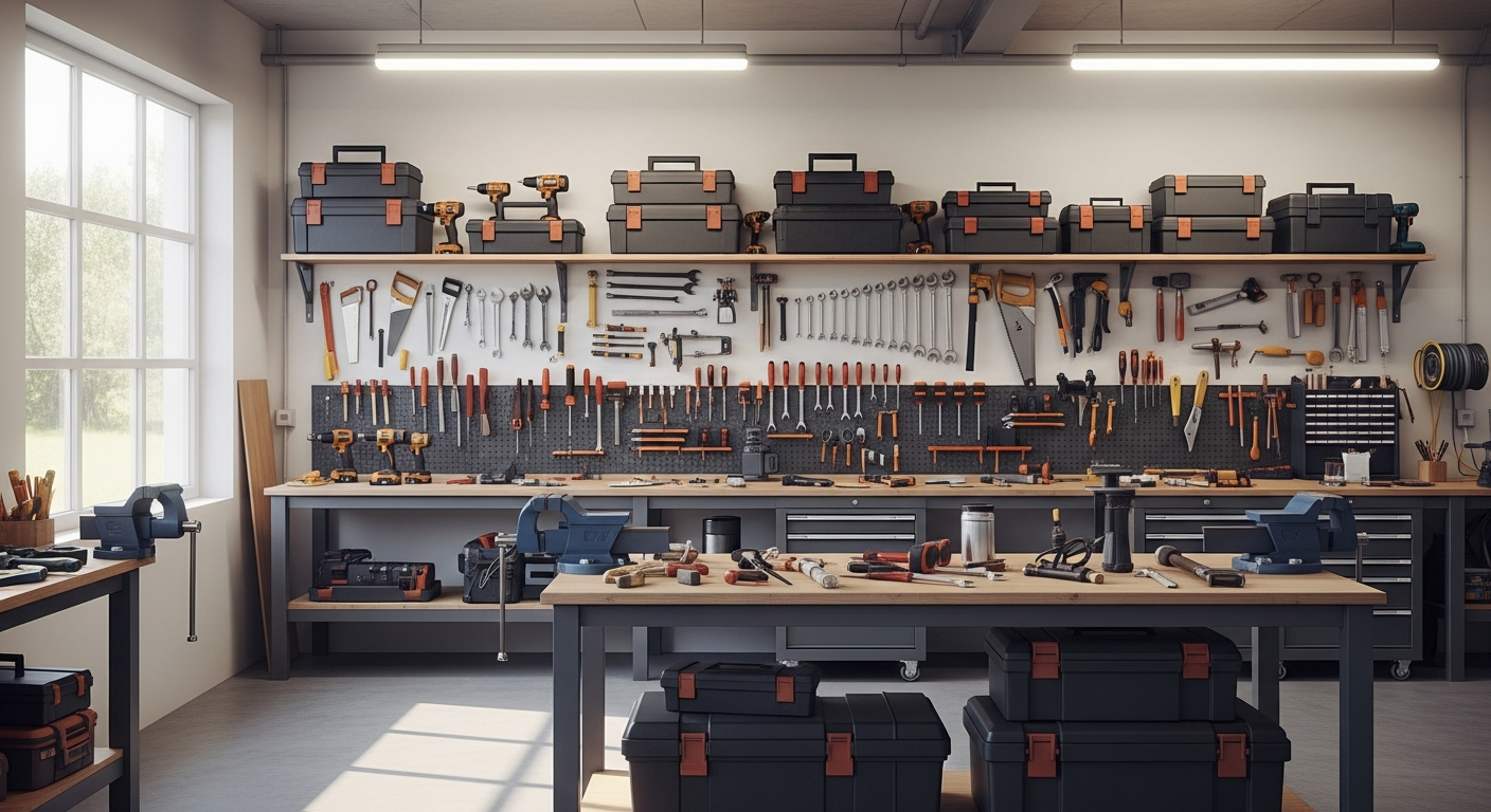 Photorealistic image of a modern workshop with various hand tools, power tools, and toolboxes neatly organized on shelves, illuminated by natural light.