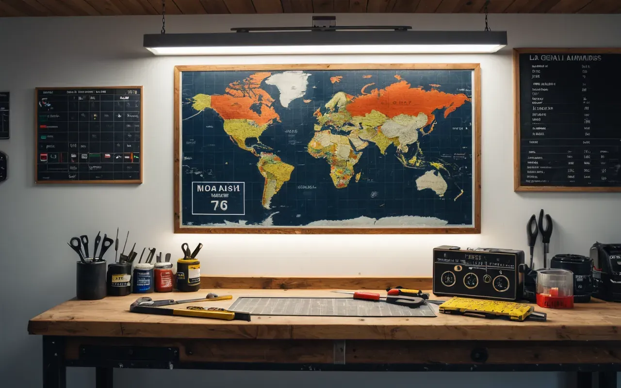 A clean modern workbench with a level, tape measure, adjustable wrench, and screwdrivers arranged neatly. Soft overhead lighting, neutral gray background, no text or labels on tools, realistic photo style, shallow depth of field focusing on the wrench and tape measure.