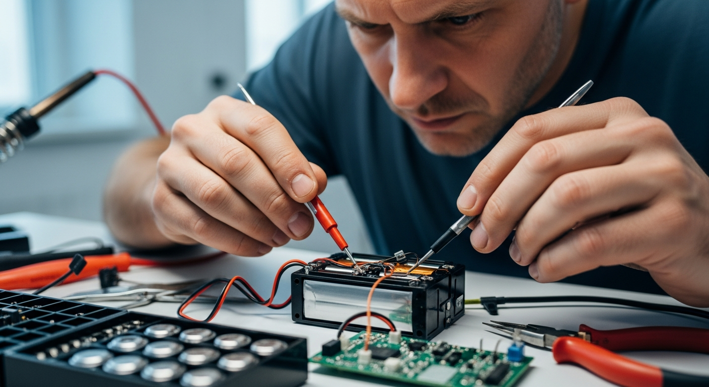 A close-up of a person carefully inspecting a disassembled battery with tools, in a well-lit workshop setting, showing focus and precision
