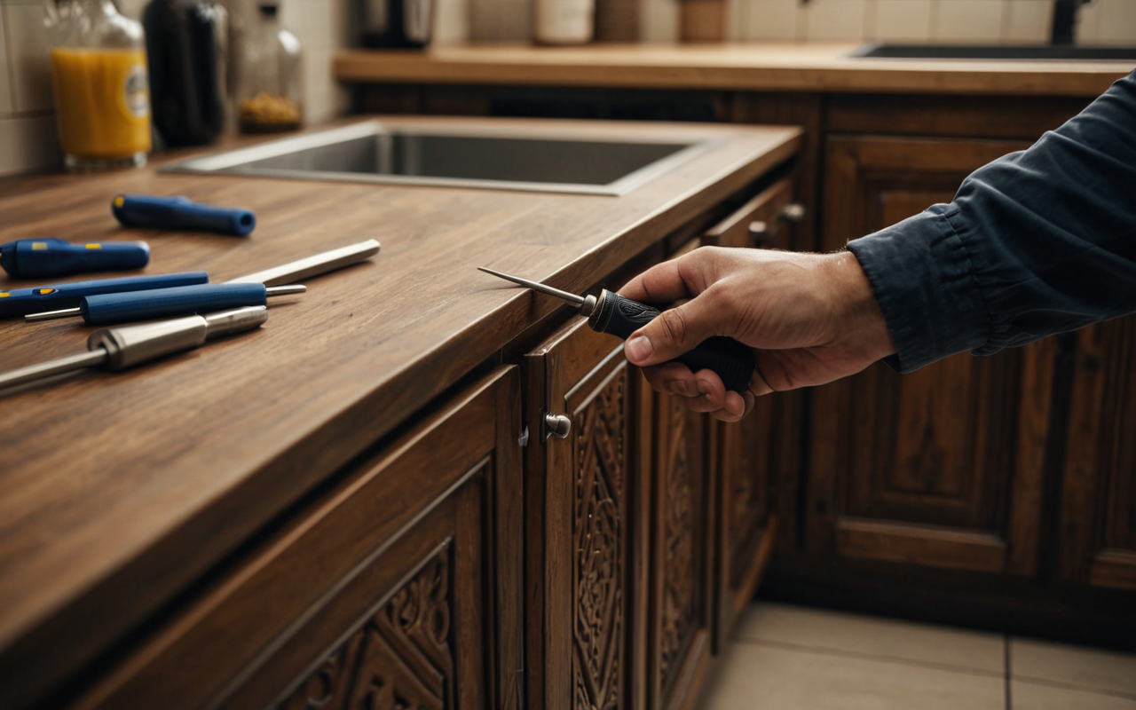 A close-up shot of a person's hands using a screwdriver to fix a wooden cabinet handle in a modern kitchen setting with neutral lighting and no visible text or branding on any objects.