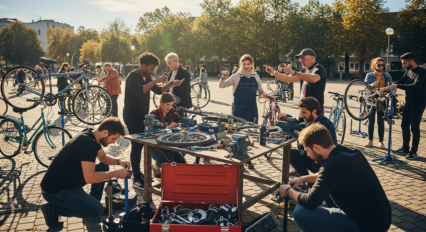 A community gathering outdoors repairing bicycles, with people exchanging tools and ideas, under bright sunlight, representing community bonding and collective effort.