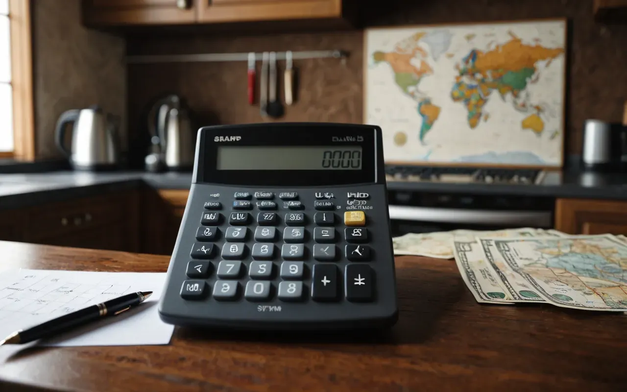 A detailed checklist of home appliances and systems lying on a wooden table next to a calculator and a pen, soft natural lighting, realistic modern home office setting