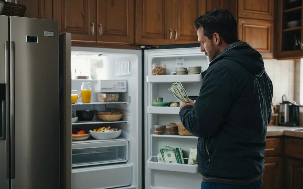 A frustrated homeowner standing in a modern kitchen with a broken refrigerator door open, looking at a stack of bills and a repair estimate paper, realistic lighting, neutral international setting