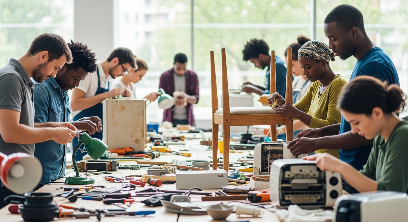 A group of diverse volunteers working together on fixing appliances and furniture in a community center, in a modern and bright space, emphasizing cooperation, sustainability, and community bonding.