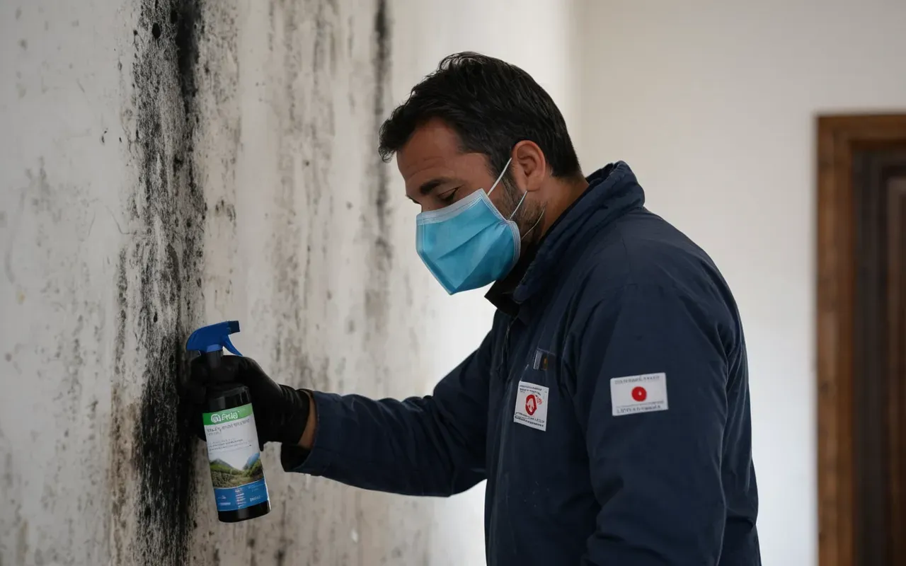 A homeowner wearing a blue respirator mask and protective gloves using a spray bottle to clean black mold stains on an old white wall corner. A damp sponge rests nearby ready for scrubbing away the fungus growth.