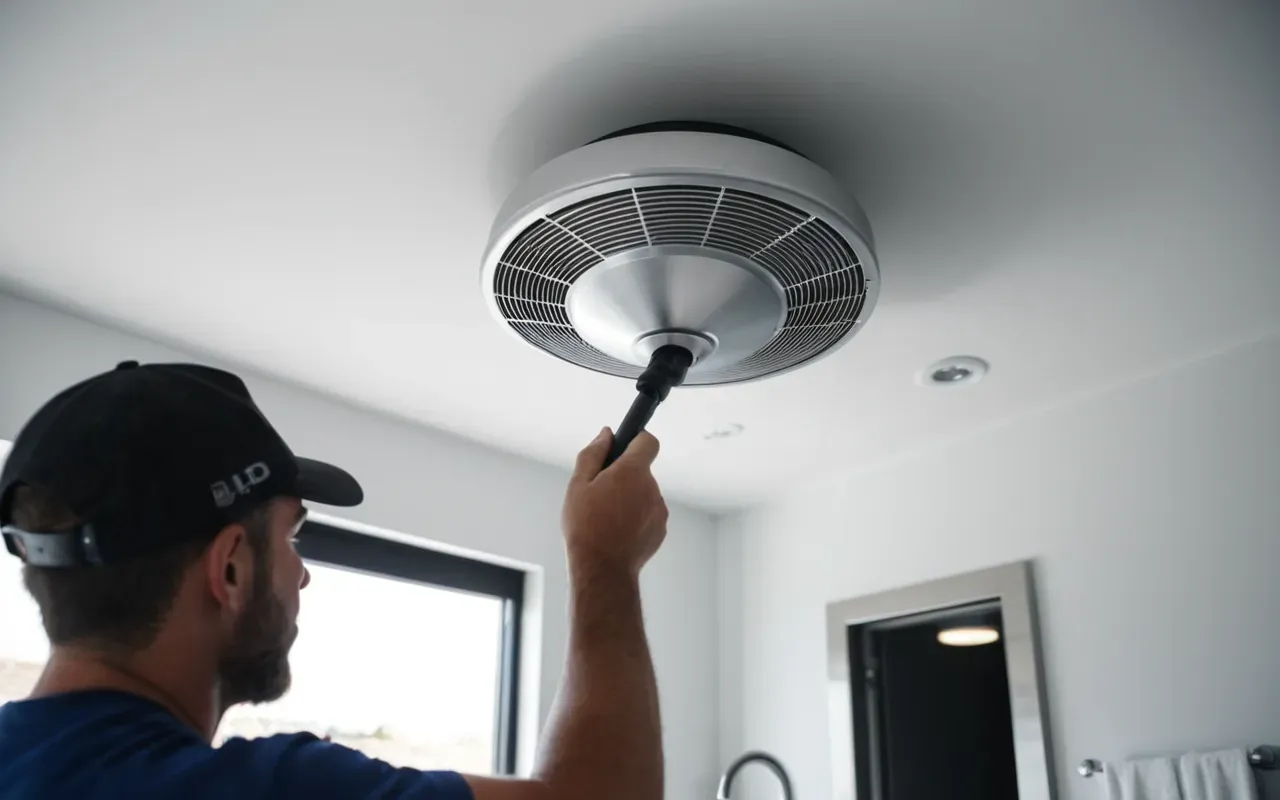 A modern bathroom interior featuring a professional plumber installing a powerful silver exhaust fan into the ceiling. Bright overhead lighting illuminates clean white tiles and shows steam disappearing upwards out of the ventilation vent.
