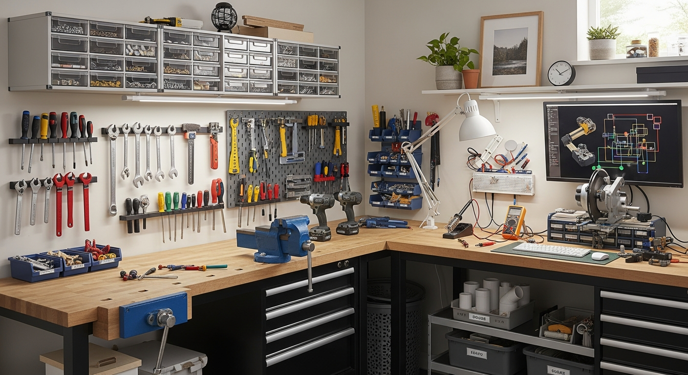 A modern household workshop with various advanced tools, highlighting the importance of using the right equipment for home repairs to prevent costly mistakes.