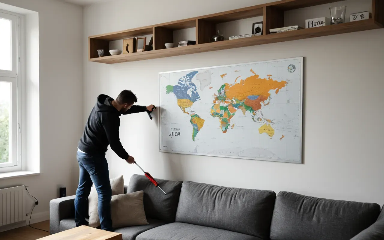 A modern living room with a person using a level and screwdriver to install a shelf on a plain wall. Natural daylight from a window, clean minimalist interior, no visible text or branding, realistic photo style, focus on the hands and tools with soft background blur.