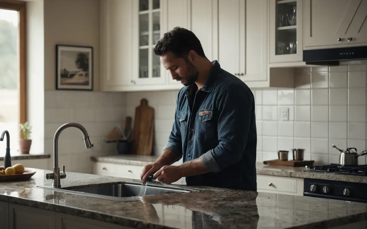 A modern, well-lit kitchen interior with a person inspecting a leaking faucet, holding a wrench, surrounded by clean countertops, neutral white and grey tones, realistic lighting, no text or branding visible