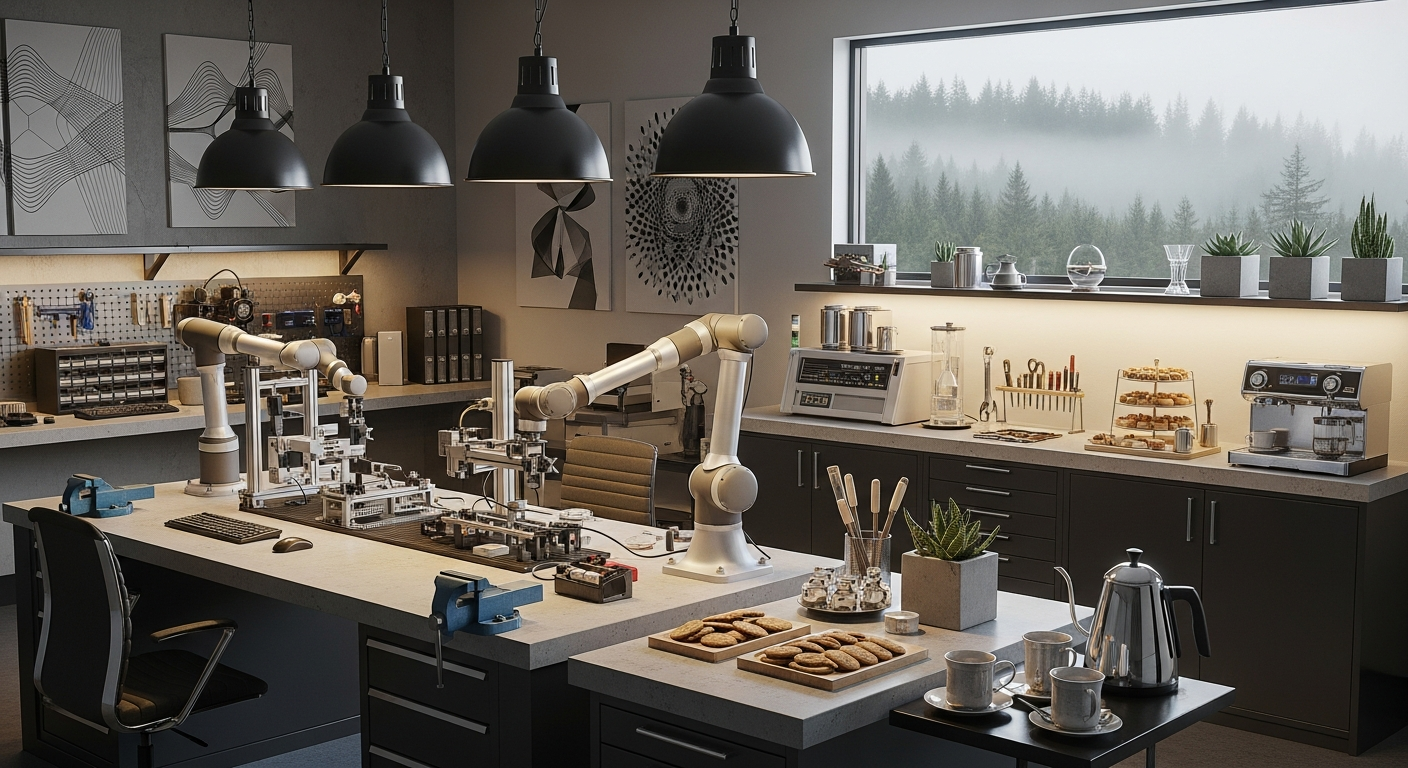 A modern workshop with a technician testing batteries with advanced diagnostic tools, bright lighting and organized workspace