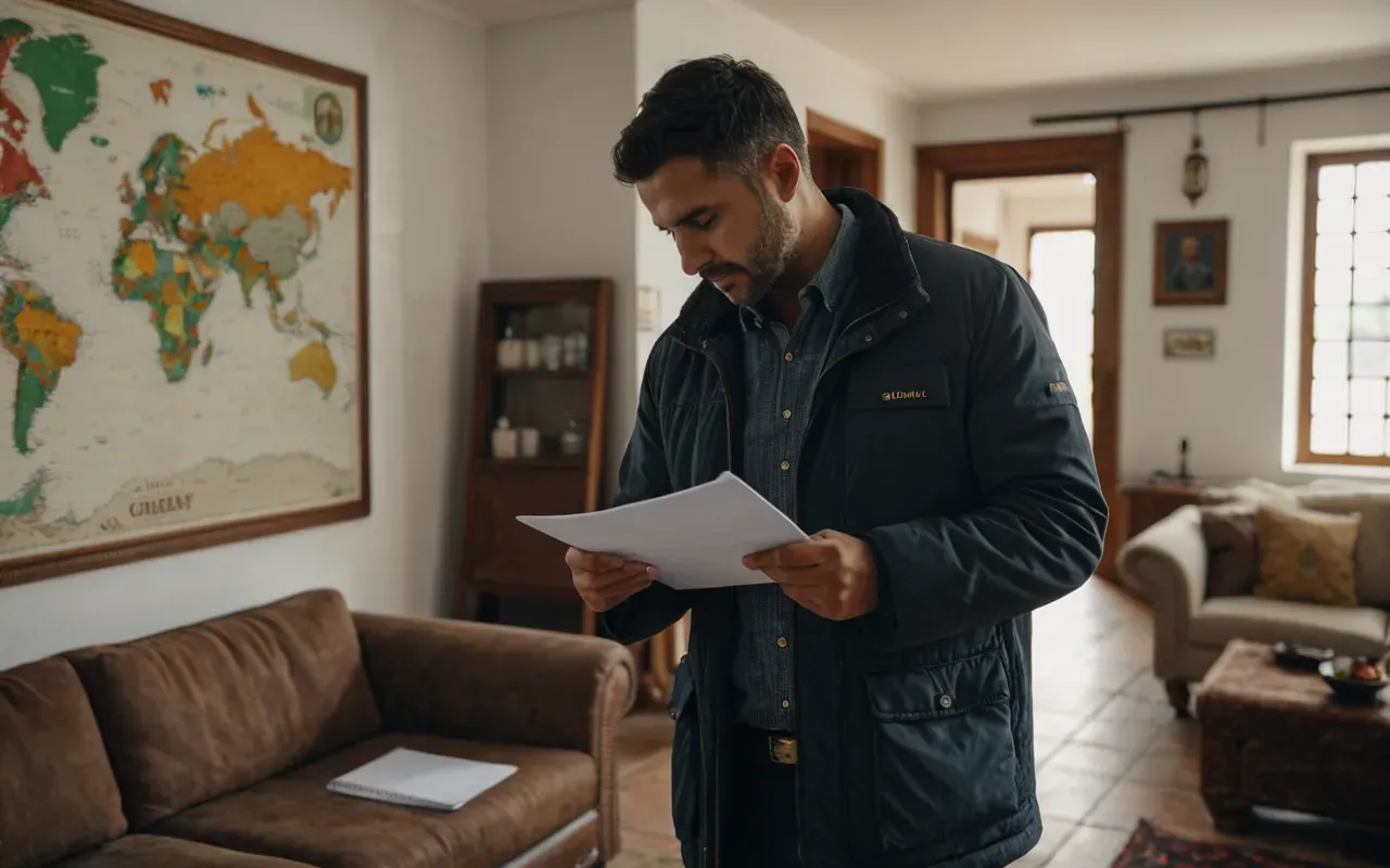 A person standing in a living room holding a clipboard and inspecting the walls for cracks, soft natural lighting, modern furniture in the background, realistic, no text or logos