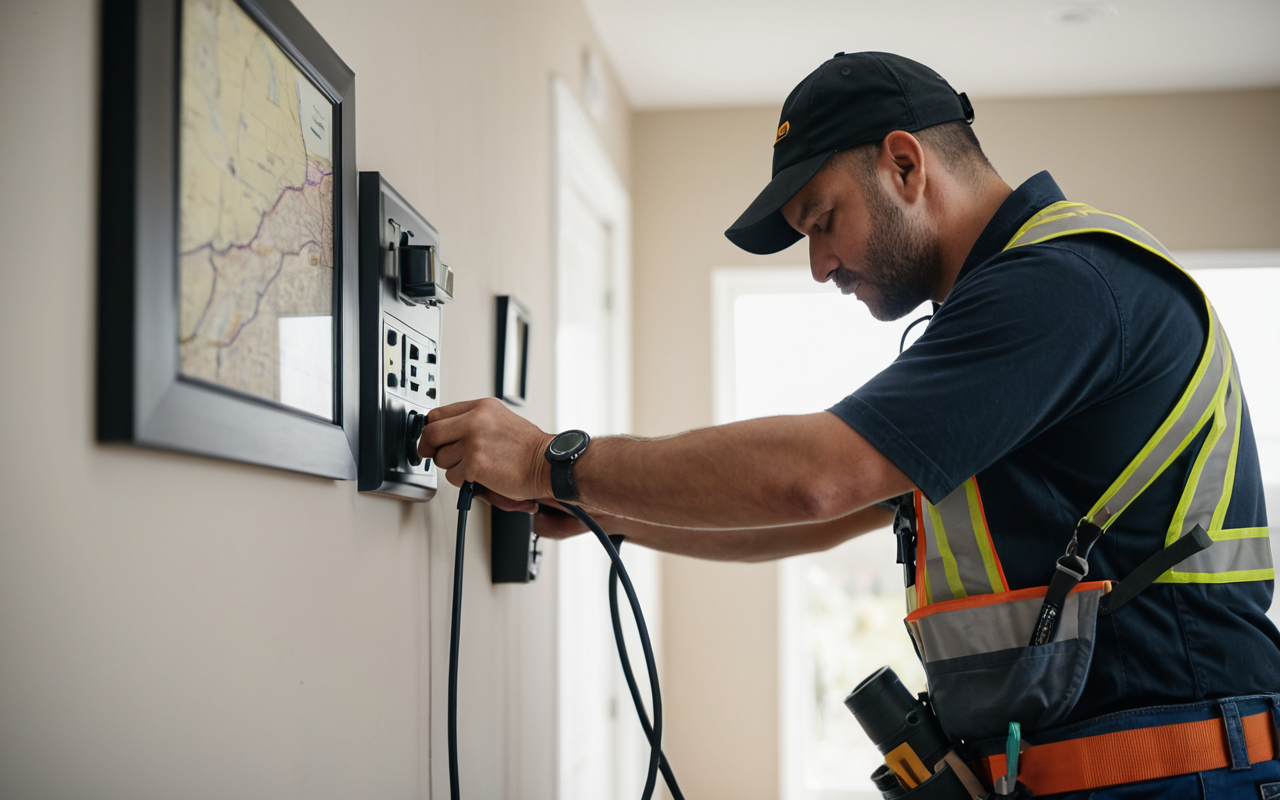 A professional repair technician wearing a tool belt and inspecting a wall outlet in a well-lit, modern living room with neutral colors and no visible text or logos.