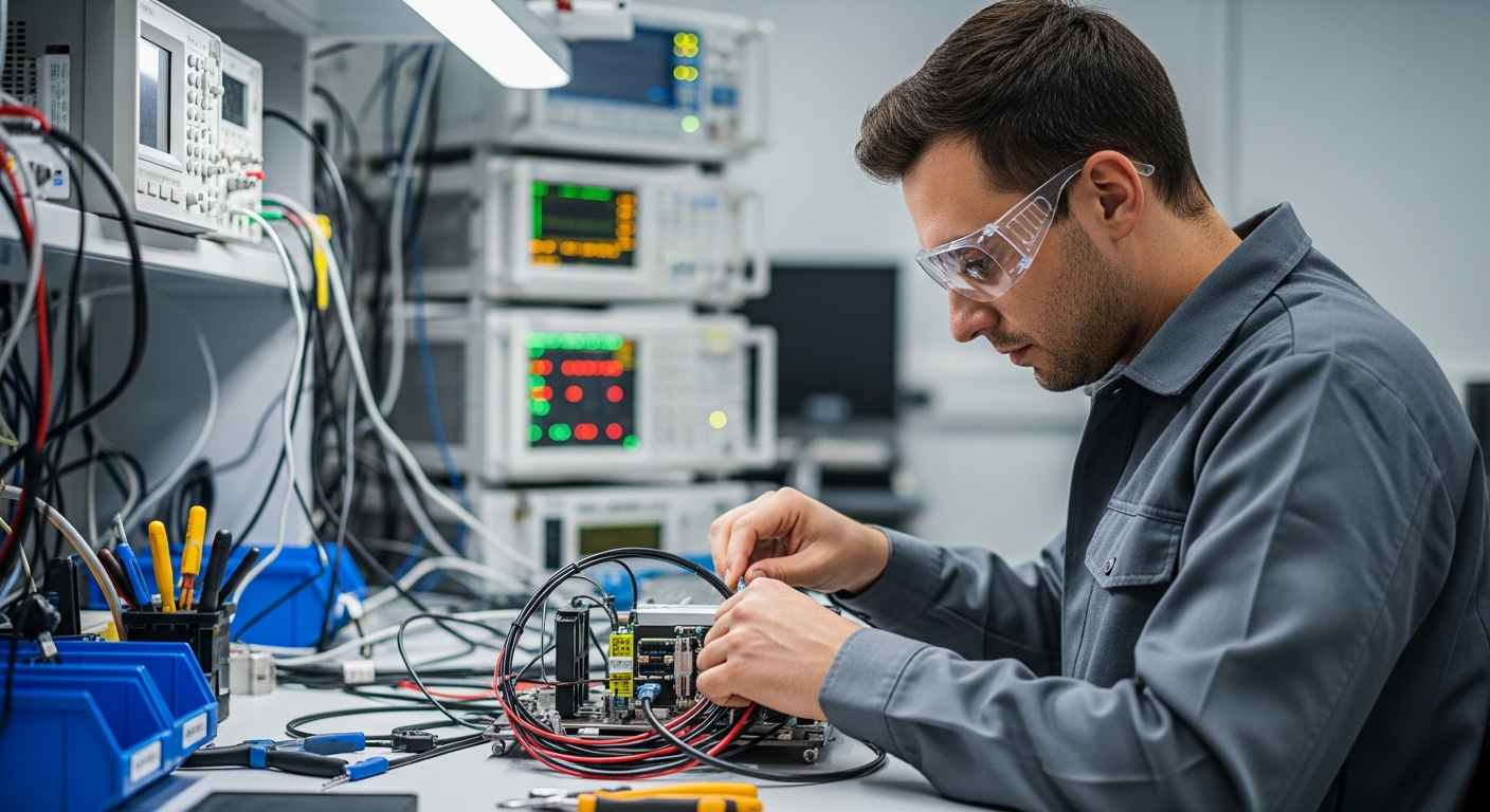 A professional technician working on complex electrical repairs in a well-equipped workshop, with safety gear and detailed diagnostic tools