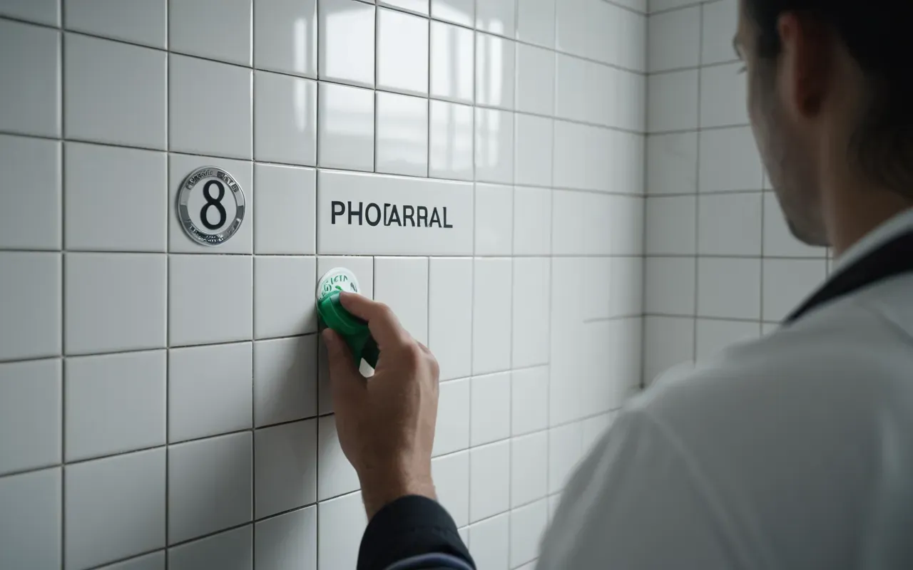 Close-up of a clean bathroom corner with white tiles and a person inspecting silicone sealant, soft diffused light, editorial photography
