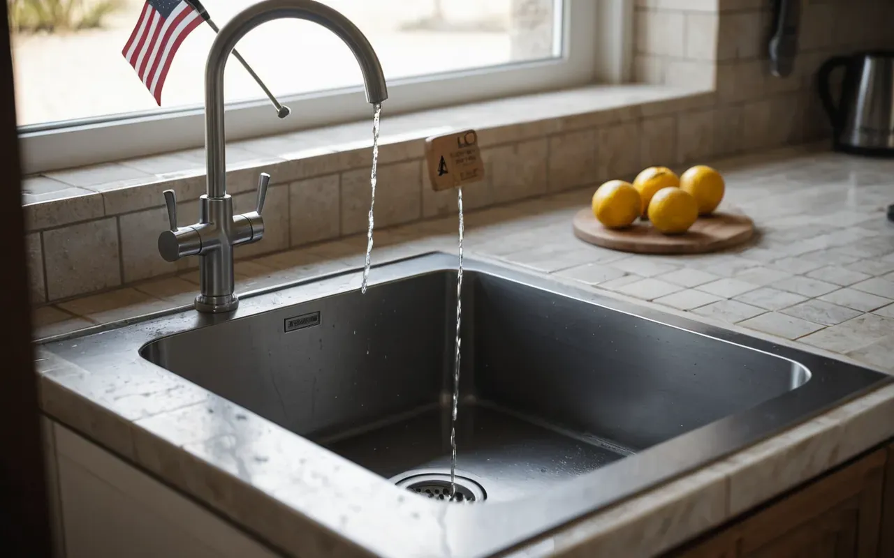 Close-up of a modern kitchen sink with a dripping faucet and a person holding a wrench, soft natural daylight, neutral tiles, editorial photography
