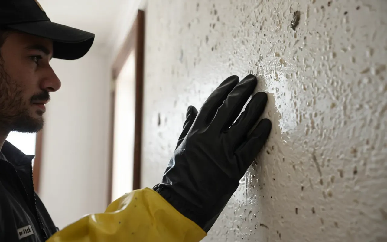 Close up of a person wearing rubber gloves inspecting a small dark damp stain on a white interior wall near the ceiling corner. Hand holding a bright flashlight shining directly at the discoloration to reveal hidden moisture damage underneath fresh paint layer.