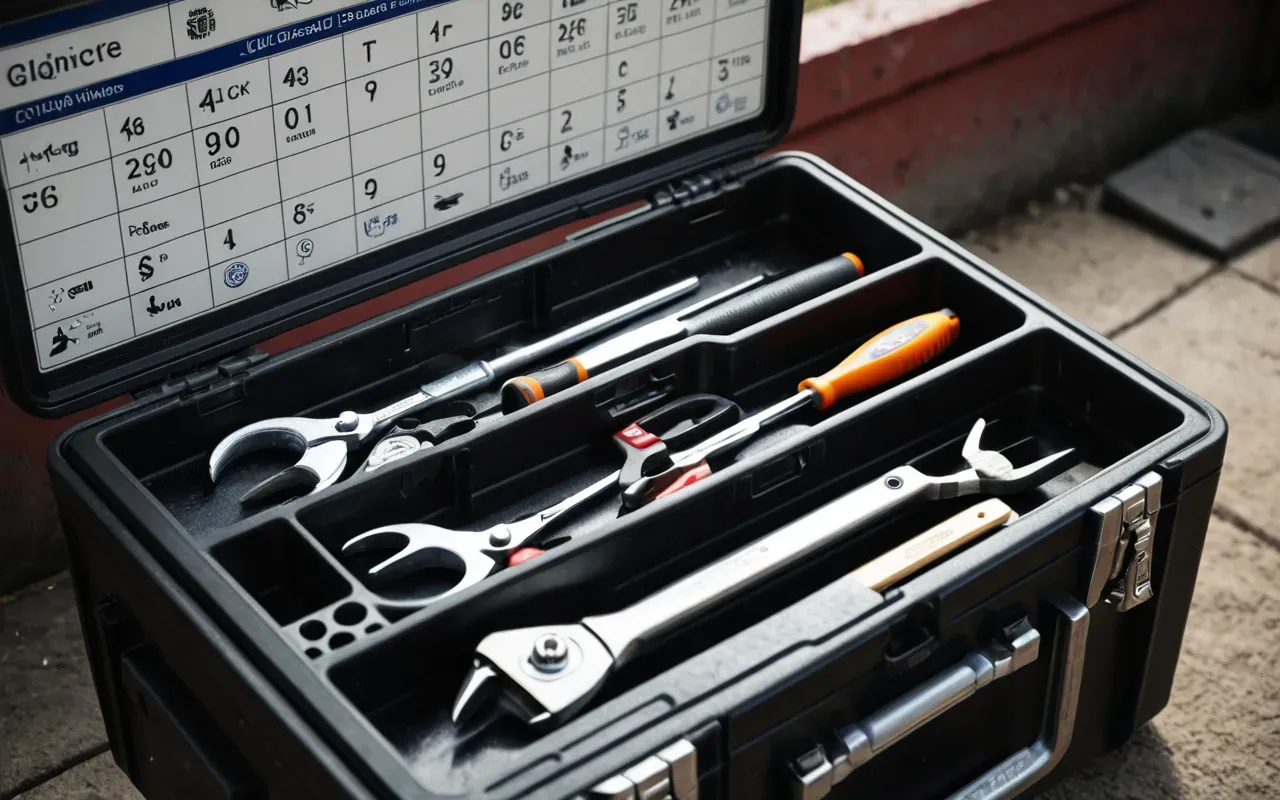 Close-up shot of an open hard plastic tool case with neatly organized compartments containing shiny chrome wrenches, screwdrivers, pliers, and sockets. A hand reaches in to pick a socket wrench. Natural daylight illumination, shallow depth of field focusing on the tools, neutral modern background with no text or branding visible.