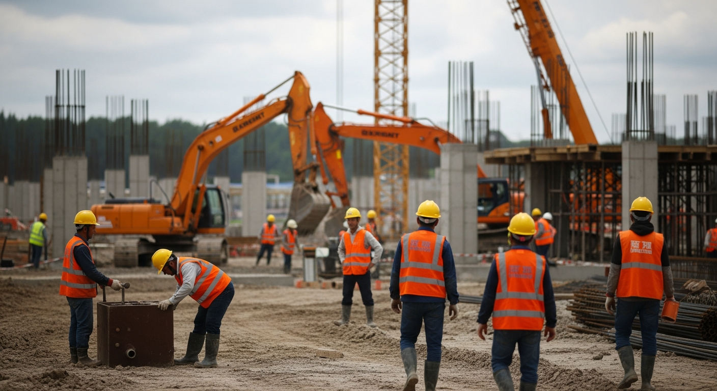 Image of workers in safety gear repairing a section of coastline with machinery, set against a backdrop of clear skies and modern coastal infrastructure, symbolizing urgent intervention.