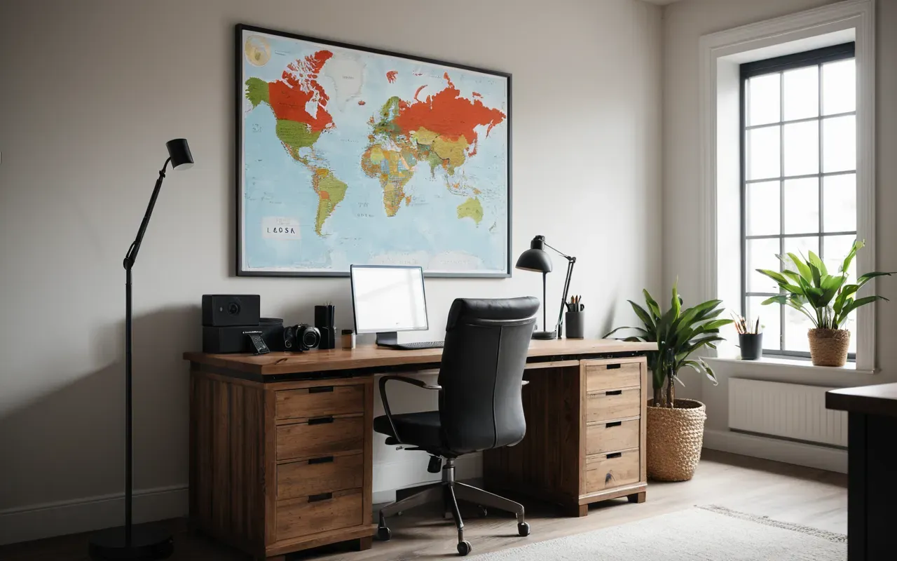 Interior of a modern minimalist home office with a desk, neutral tones, and soft morning light, editorial photography