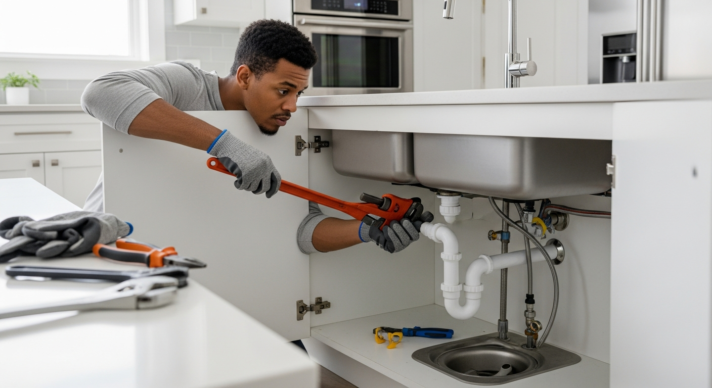 Photo-realistic scene of a homeowner working on a plumbing repair with tools and a partially disassembled sink in a bright modern kitchen, conveying a sense of DIY effort and caution.