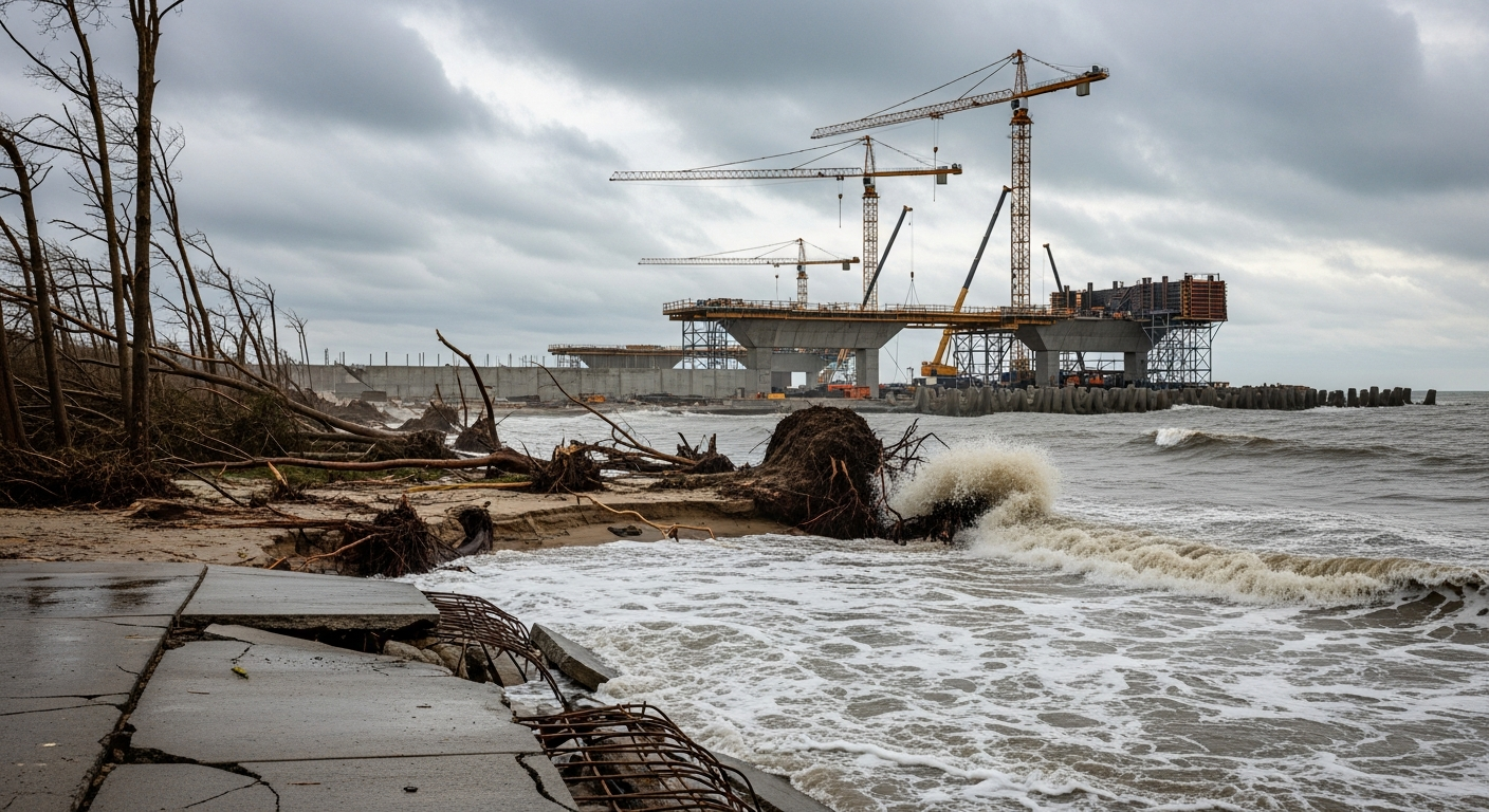 Scene showing a coastal area with storm damage in the foreground and a modern infrastructure project in the background, highlighting the contrast between damage and repair efforts.