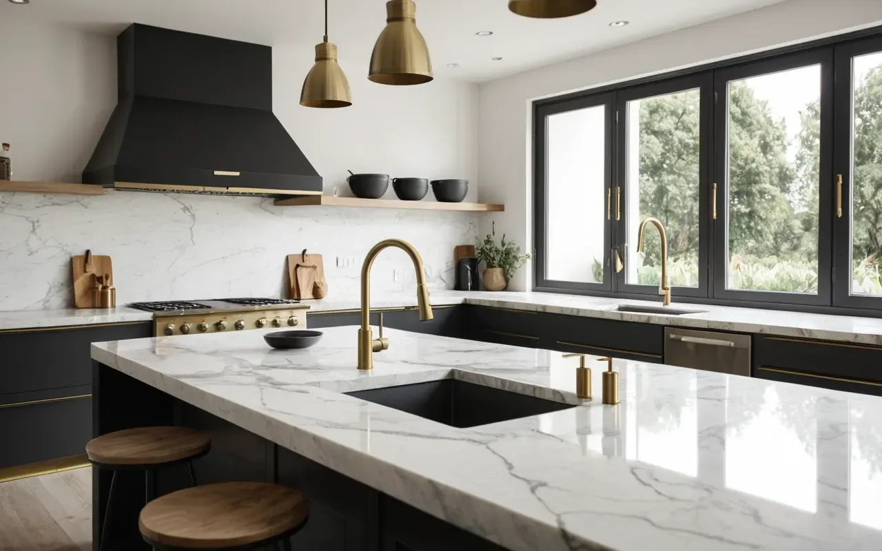 Wide shot of a modern minimalist kitchen interior with marble countertops, brushed brass fixtures, soft natural daylight, editorial photography