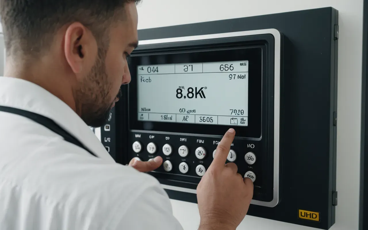 A close-up of a technician checking an aerothermal unit in a modern apartment building. The scene is bright and clean with professional tools visible.