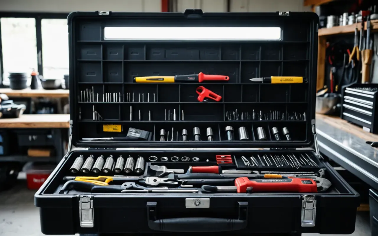 A close-up of an organized toolbox with high-quality professional tools laid out on a clean workbench in a well-lit garage setting.