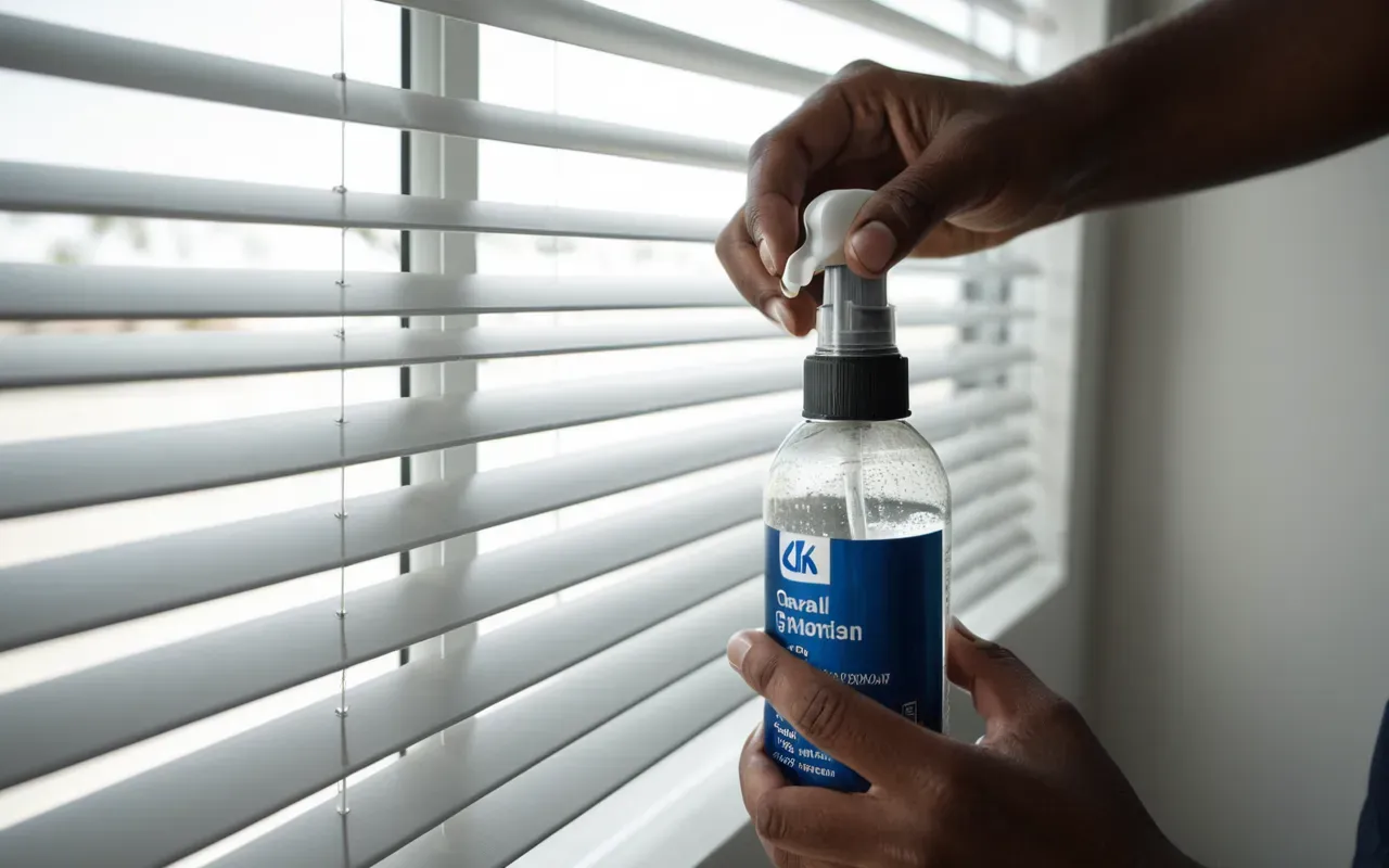 A close-up photo of a hand holding a small spray bottle applying lubricant to the top track of a white window blind. The setting is bright with natural sunlight coming through the glass, highlighting dust particles floating in the air near the mechanism.