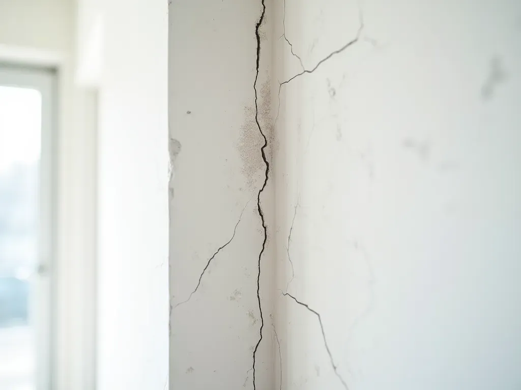 A close-up photo of cracked plaster on a white interior wall with visible water damage stains spreading from the corner near the ceiling. Natural daylight highlights the texture of the peeling paint and structural deterioration in a modern living room setting.