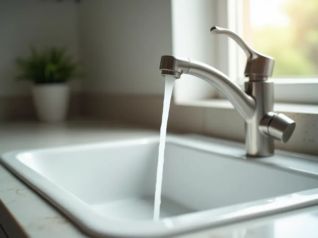 gotera grifo cocina A close-up photograph of a modern kitchen sink faucet dripping water into a clean white basin. The lighting is natural and bright coming from the side creating sharp shadows. Focus on the water droplet mid-fall showing clarity and tension. No text visible.