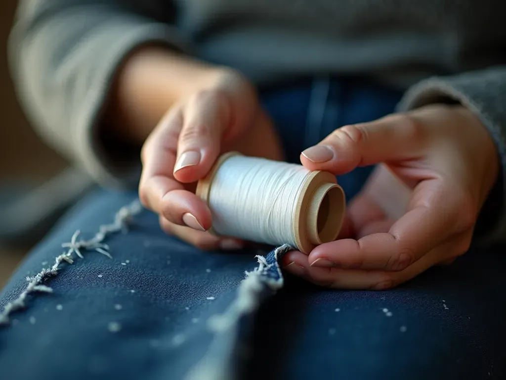 A close-up photograph of a person's hands holding a spool of shiny white polyester thread next to a piece of dark blue denim fabric that shows visible fraying and loose threads at the hem edge. The lighting is warm and natural, focusing on the texture of the material.