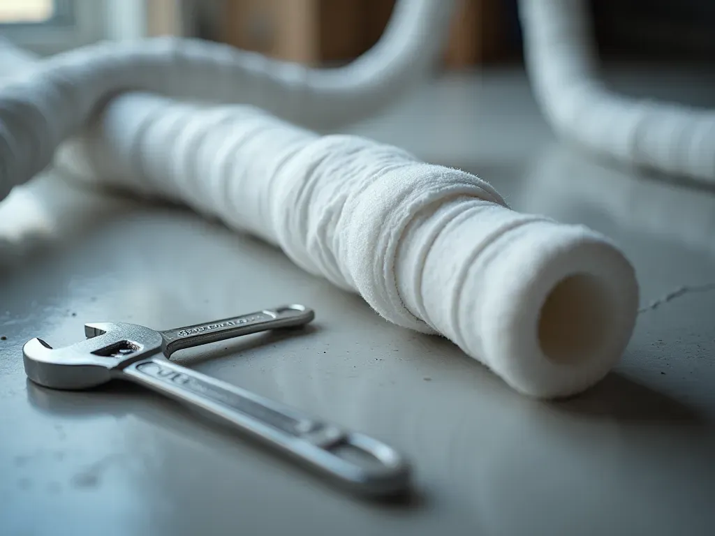 A close up photograph of insulated plumbing pipes wrapped in thick white foam inside a clean modern basement with soft ambient lighting and a visible wrench resting nearby