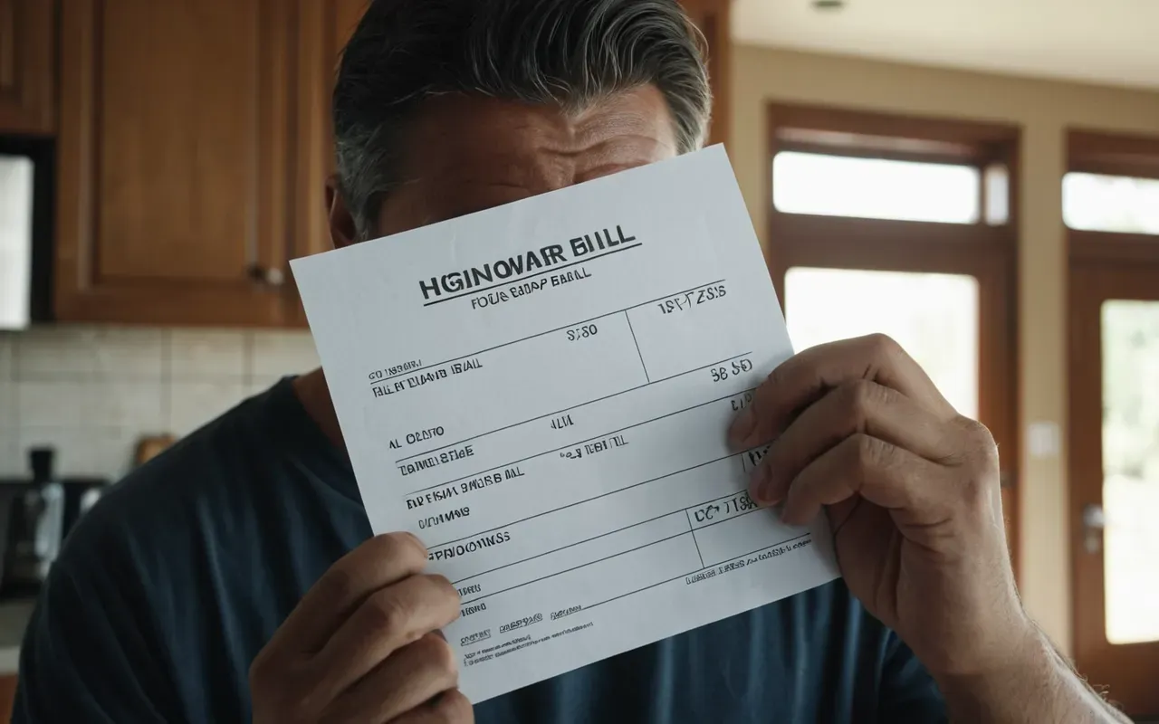 A close-up shot of a homeowner looking worried while holding an unexpectedly high repair bill in a modern kitchen with sunlight streaming through the window.
