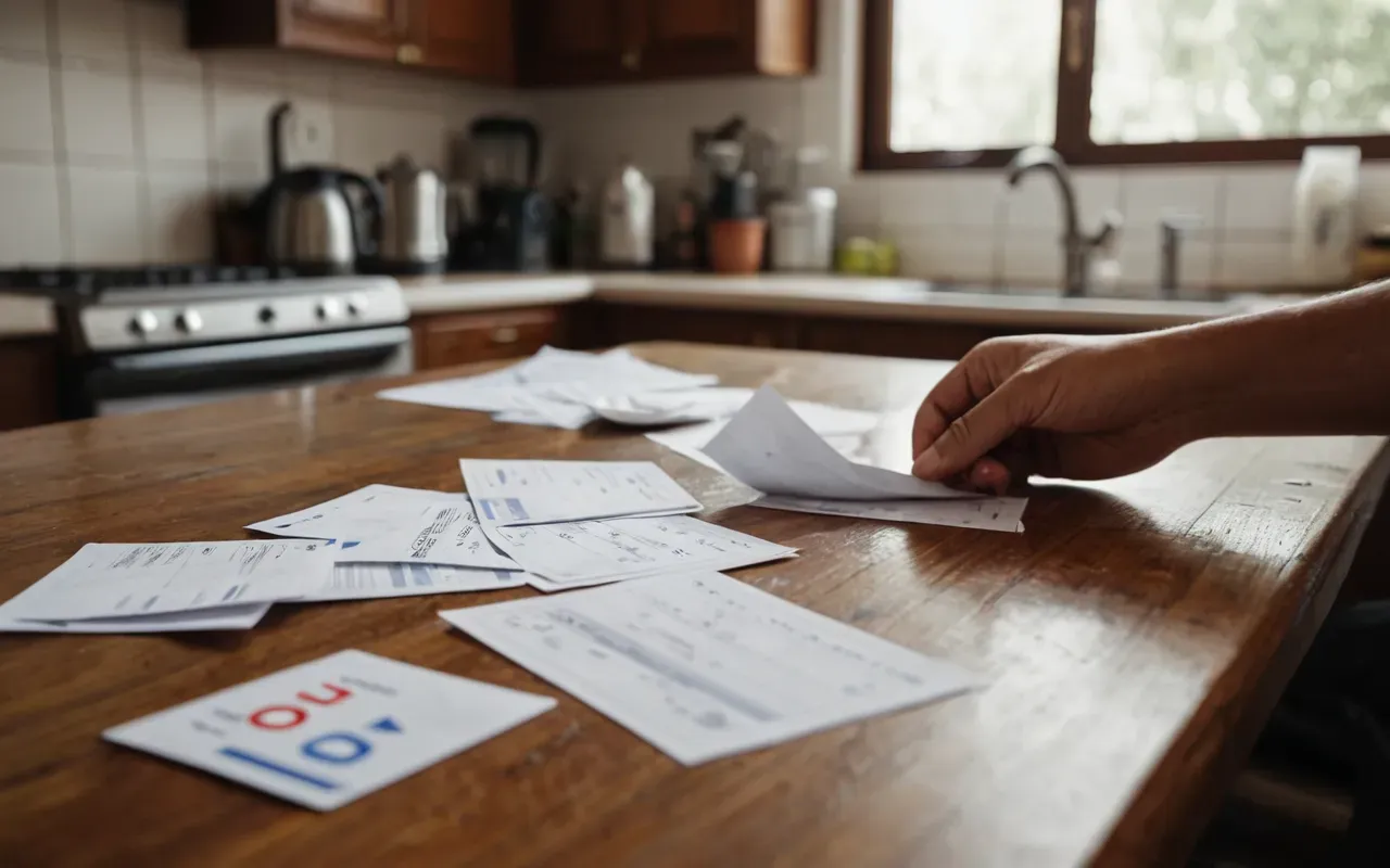 A close-up view of a cluttered kitchen counter with unpaid utility bills scattered across a wooden table. A hand reaches out to pick up an electric bill. The lighting is dim and realistic, emphasizing the stress of financial management in a home setting.