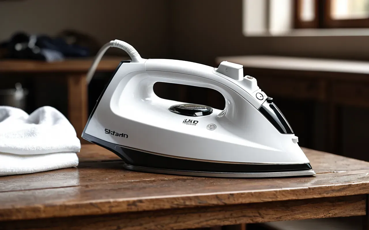 A close up view of a modern white clothes iron sitting on a wooden table next to a pile of clean laundry and some tools in the background.