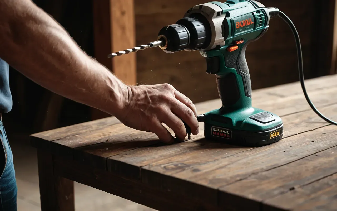 A close-up view of a person's hands using a precise power drill to secure a wooden joint on a sturdy table leg, with soft natural lighting highlighting the wood grain and metal fastener.