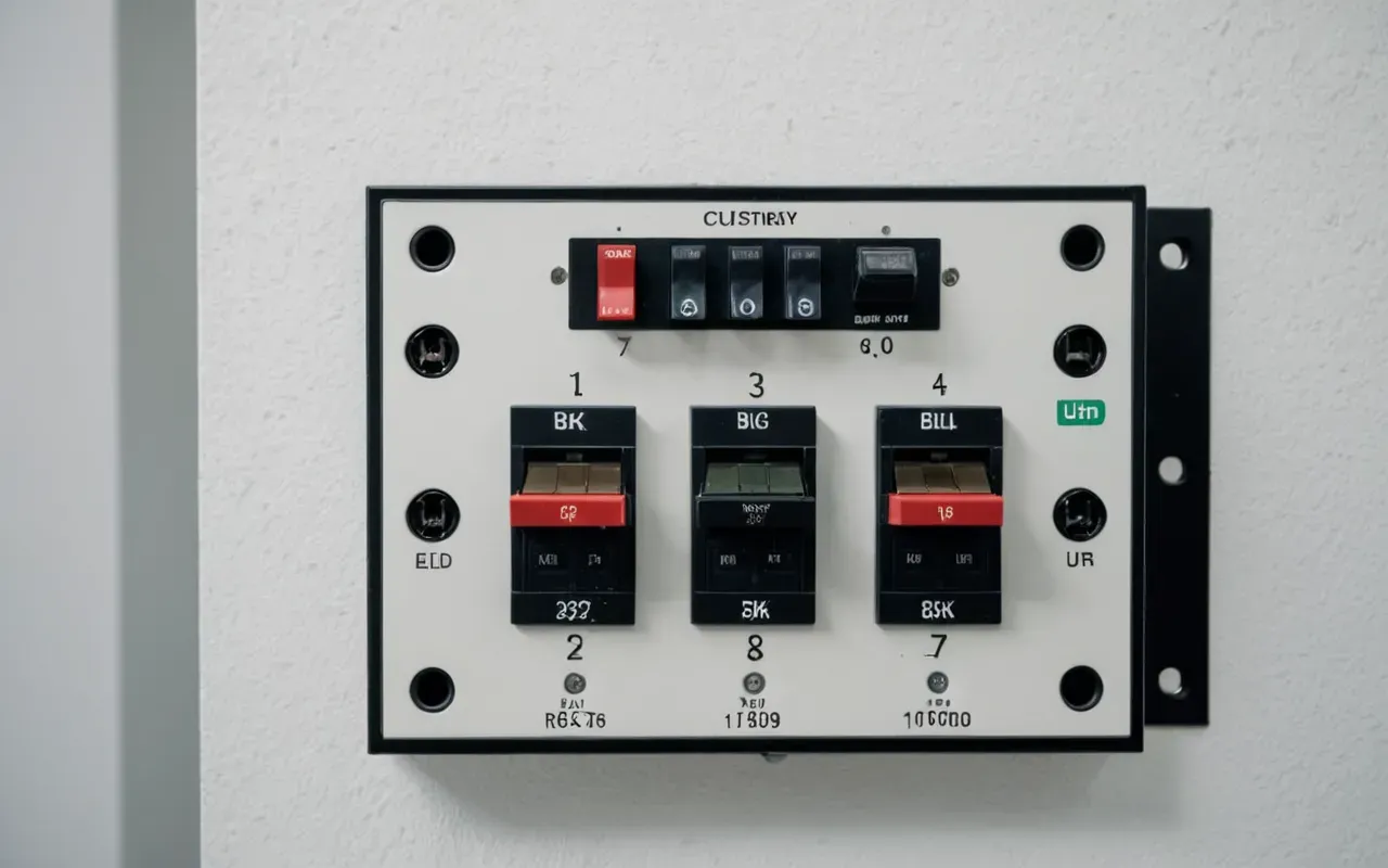 A close-up view of an electrical circuit breaker panel with switches in different positions, clean white interior walls and professional lighting highlighting the safety equipment.