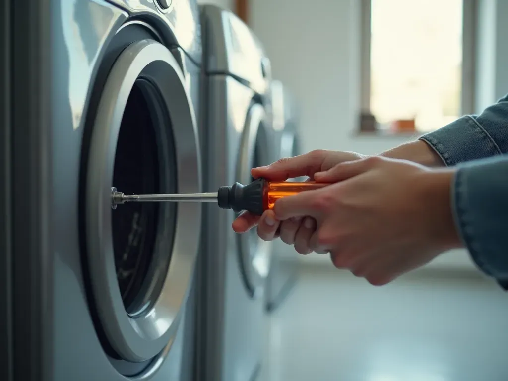 A close up view of hands using a screwdriver to open the back panel of a modern silver washing machine in a bright clean laundry room with soft natural light from a window.