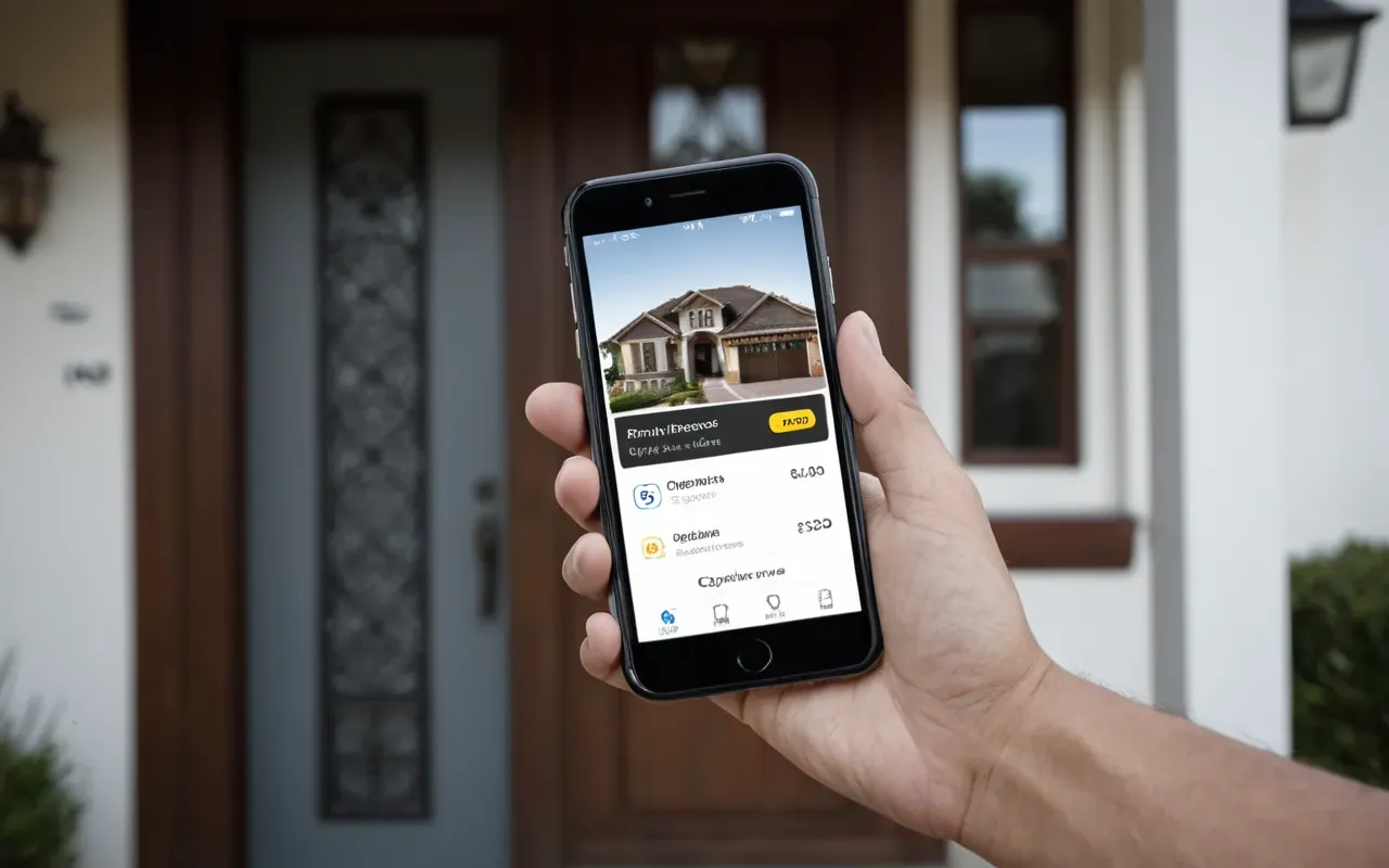 confianza reparaciones hogar verificado A confident homeowner holding a smartphone displaying verified reviews of local repair technicians while standing in front of their well-maintained house entrance with green plants.