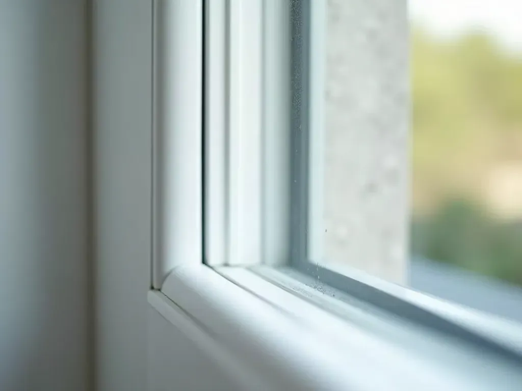 A detailed photograph of a clean modern window frame with newly applied white silicone sealant around the edges and a soft natural light illuminating the smooth glass surface