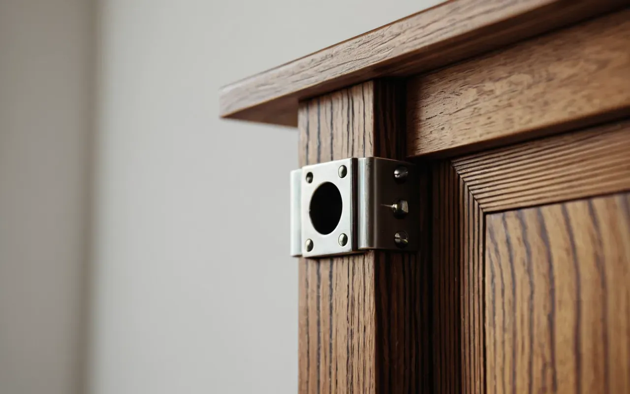 A detailed shot of a wooden furniture joint reinforced with a small metal bracket and screw, showing the clean finish against a neutral background.